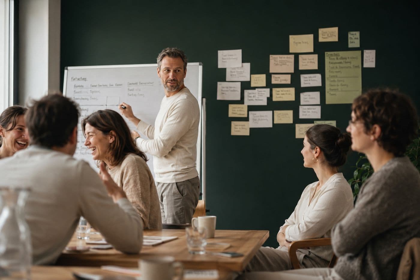Workshop mit Whiteboard und Moderationskarten, zwei Zuhörende im Vordergrund
