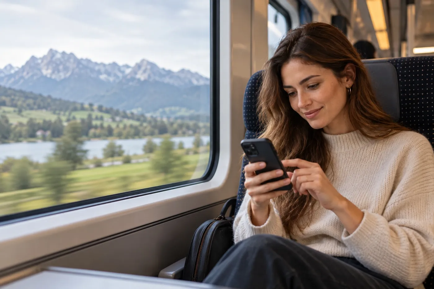 Frau im Zug mit Bergblick beantwortet ein Interview am Handy