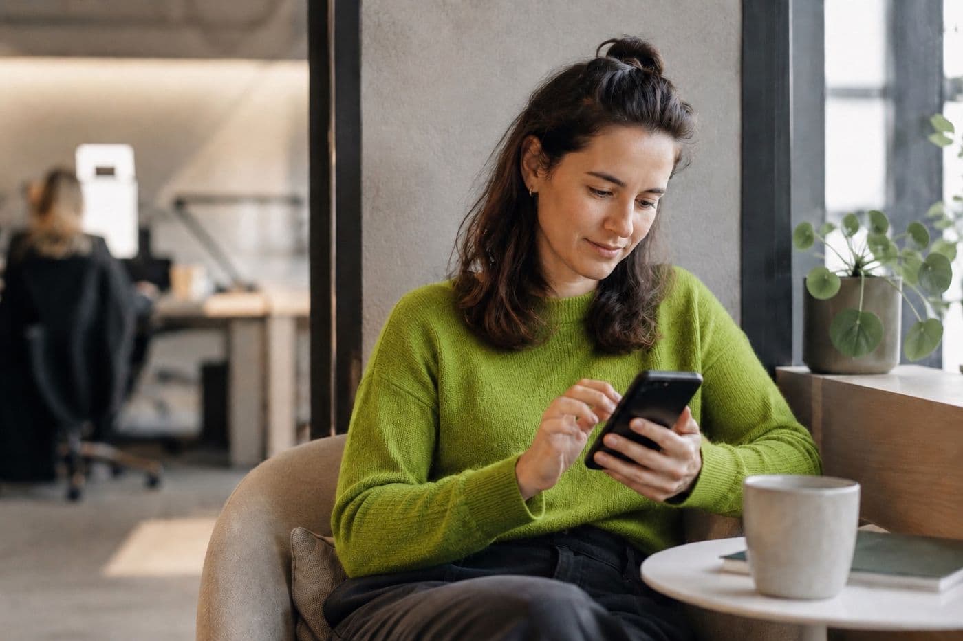 Mitarbeiterin beantwortet in einer ruhigen Ecke ein Gespräch auf dem Smartphone
